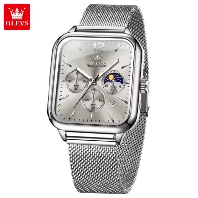 OLEVS 9914 Men's Watches Original Fashion Quartz Wristwatch Mesh Steel Waterproof Luminous Moon Phase Chronograph Square Watch